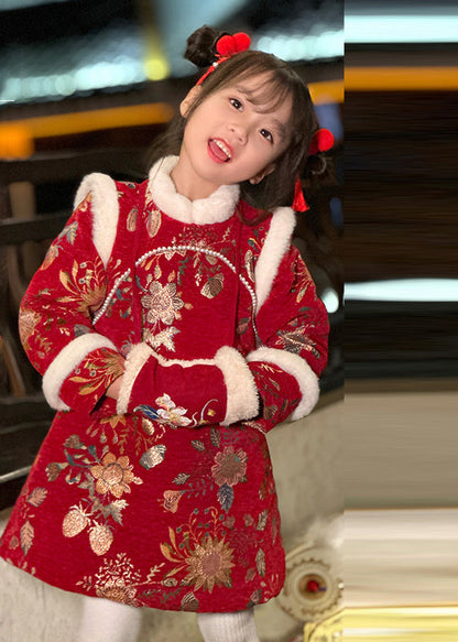Feines rotes Pelzkragen-Print-Kinder-langes Kleid Winter TR008