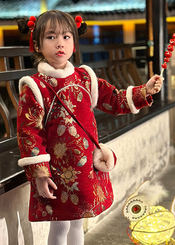 Feines rotes Pelzkragen-Print-Kinder-langes Kleid Winter TR008