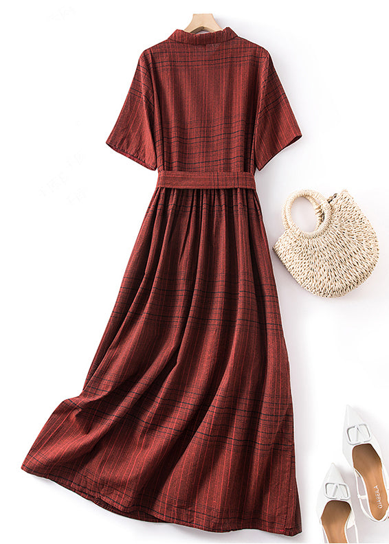 Fine Red Peter Pan Collar Plaid Tie Waist Linen Dresses Summer AM1066