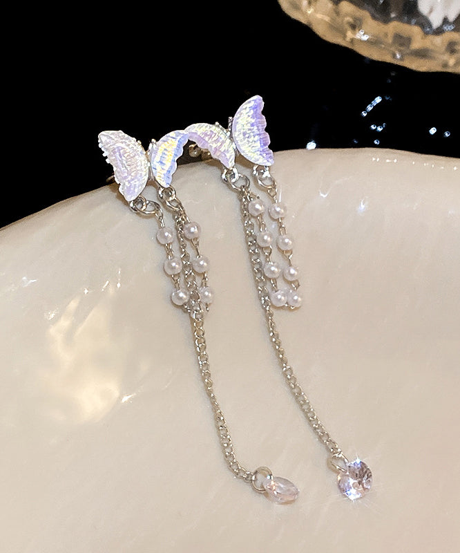 Fine Silk Alloy Zircon Pearl Butterfly Tassel Drop Earrings WH054