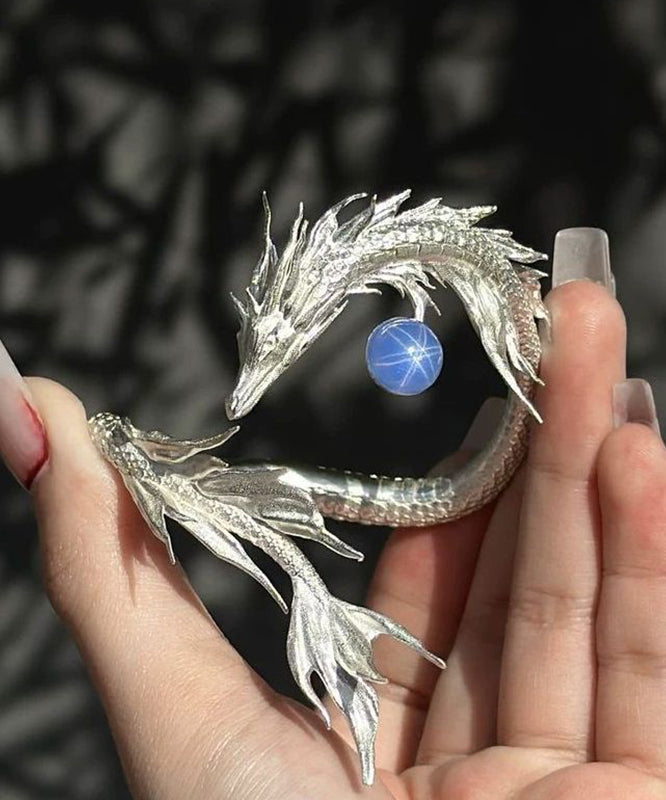 Silk Stone Fine Gem Cuff Shaped Sterling Dragon Silver