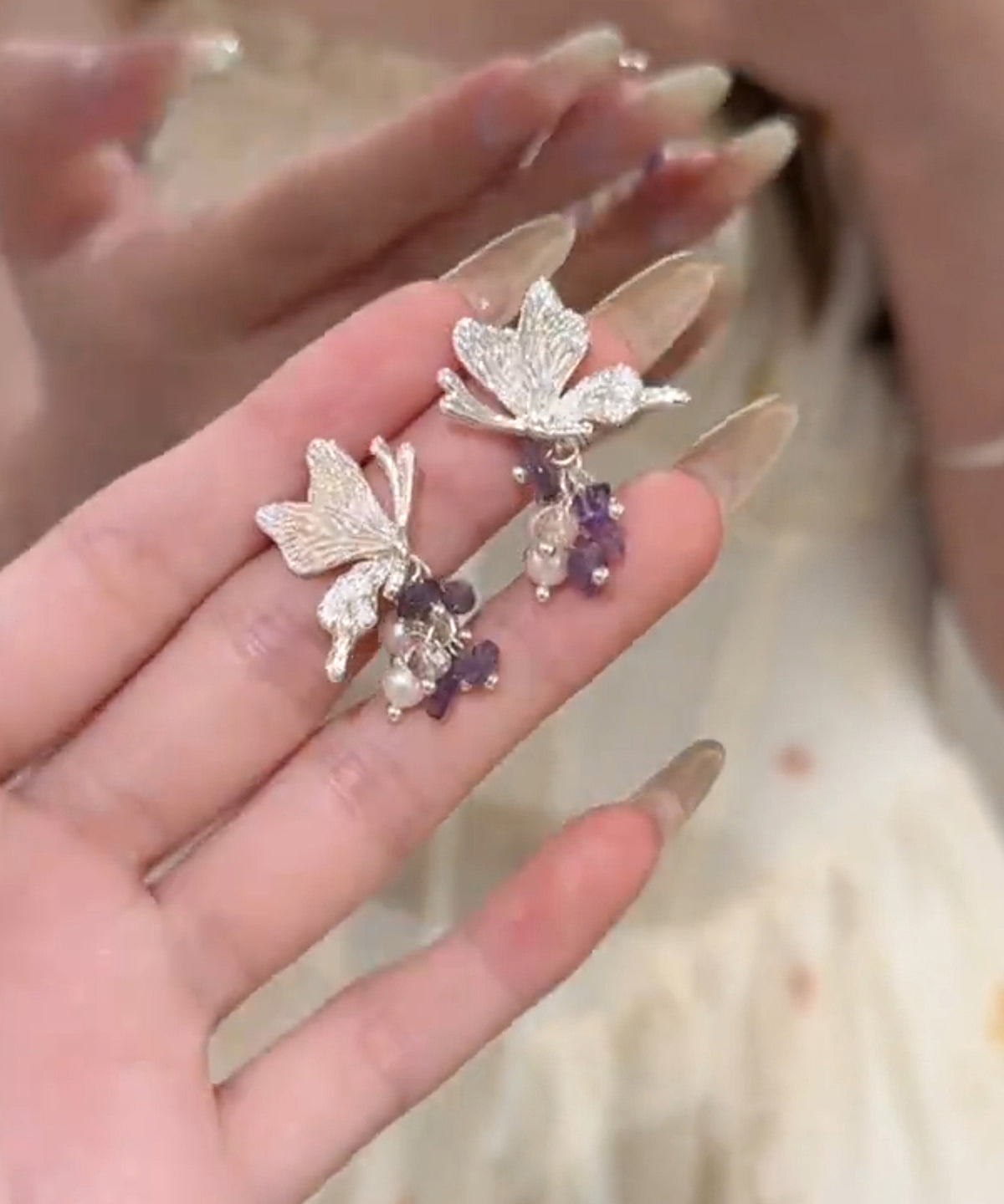 Earrings Tassel Fine Silver Butterfly Pearl Sterling Silk Stud