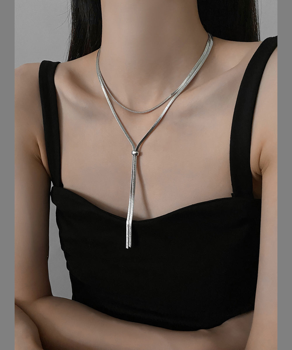 Collier long en soie fine et argent sterling QQ073