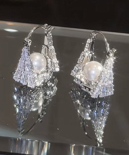 Fine Silver Silk Hoop Sterling Zircon Handbag Earrings Pearl