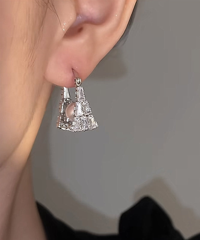 Fine Silver Silk Hoop Sterling Zircon Handbag Earrings Pearl