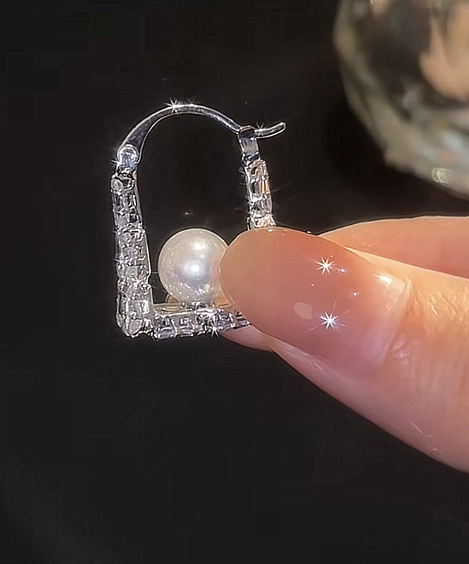 Fine Silver Silk Hoop Sterling Zircon Handbag Earrings Pearl
