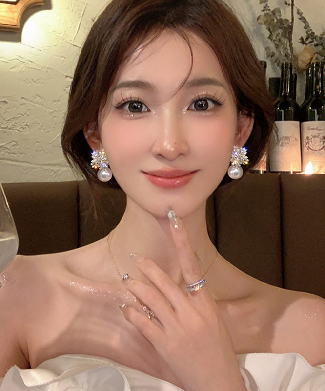 Snowflake Fine Earrings Alloy Pearl White Drop Zircon