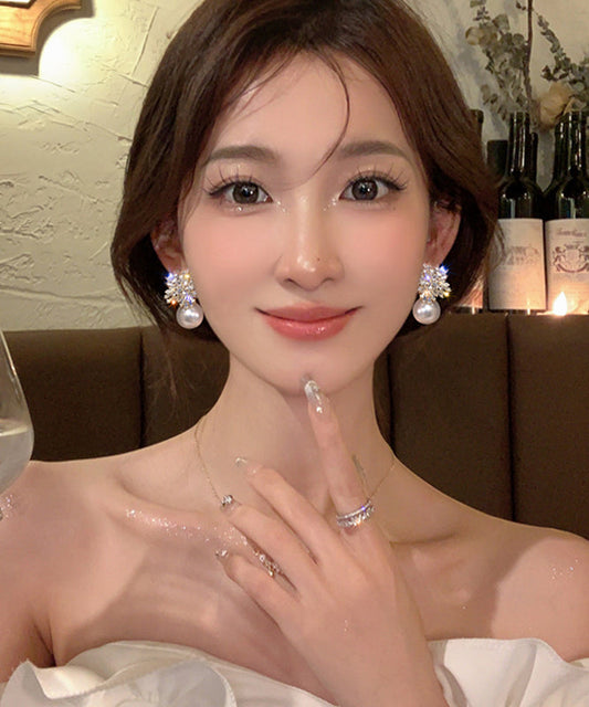 Snowflake Fine Earrings Alloy Pearl White Drop Zircon