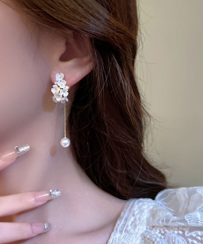 Fine White Copper Alloy Zircon Pearl Floral Tassel Drop Earrings WZ018