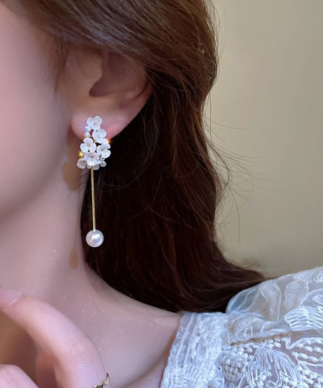 Fine White Copper Alloy Zircon Pearl Floral Tassel Drop Earrings WZ018