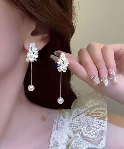 Fine White Copper Alloy Zircon Pearl Floral Tassel Drop Earrings WZ018