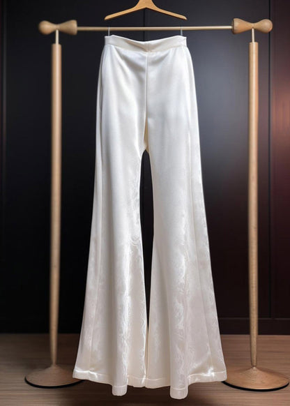 Flared Print Fine White Silk Trousers Summer Waist High