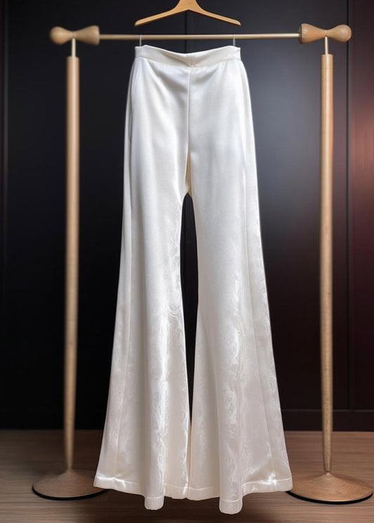 Flared Print Fine White Silk Trousers Summer Waist High