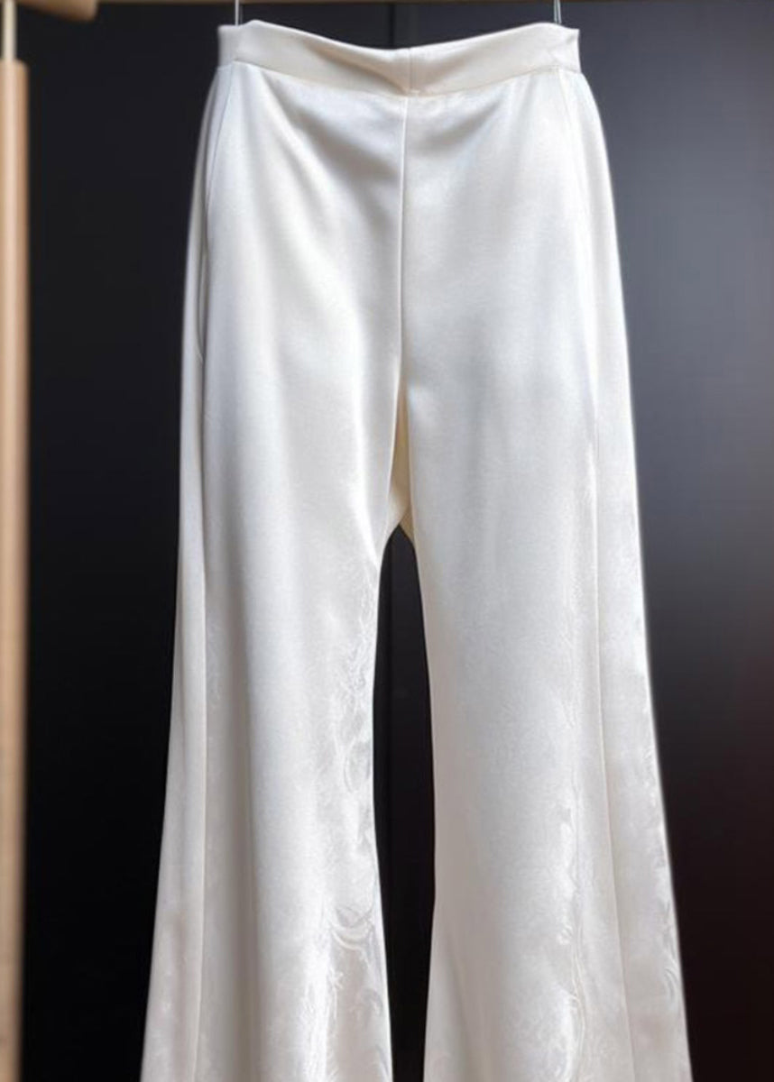 Flared Print Fine White Silk Trousers Summer Waist High