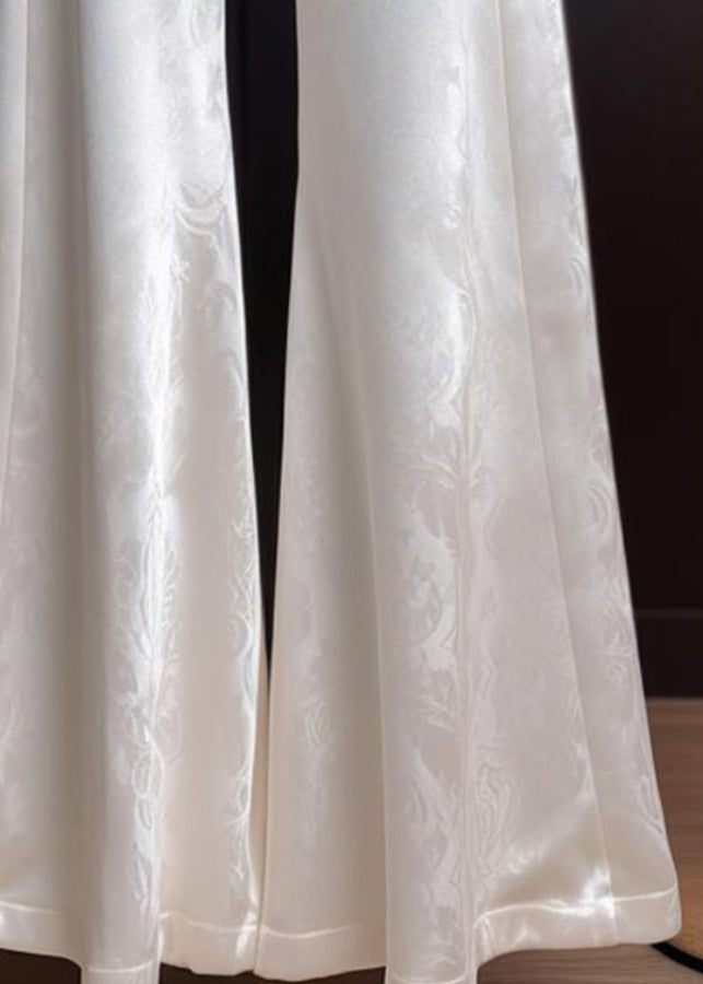 Flared Print Fine White Silk Trousers Summer Waist High
