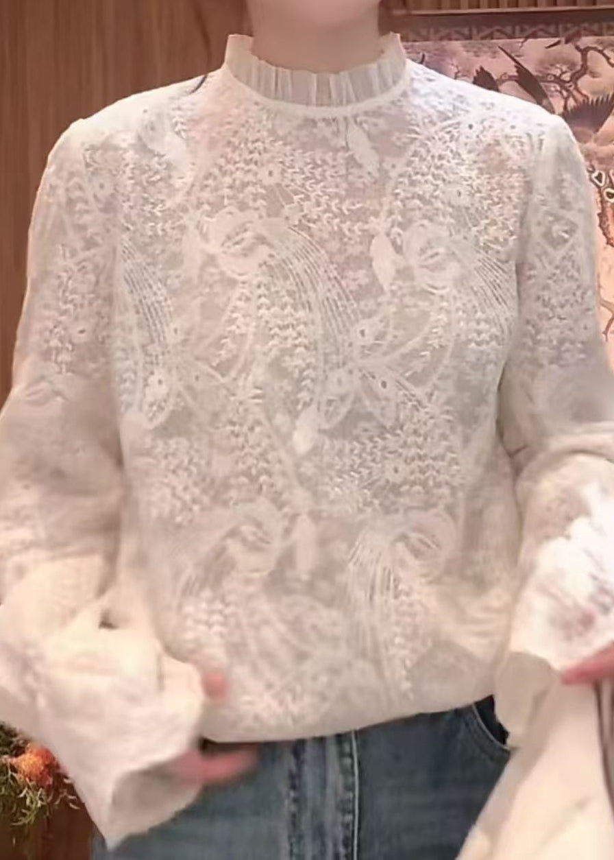 Flare Weiß Feine Ärmel Bestickter Kragen Shirts Stand Spitze