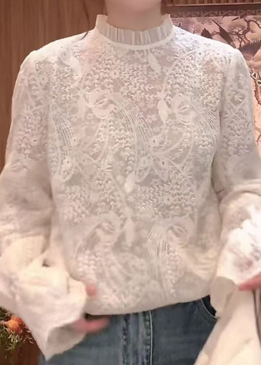 Flare Weiß Feine Ärmel Bestickter Kragen Shirts Stand Spitze