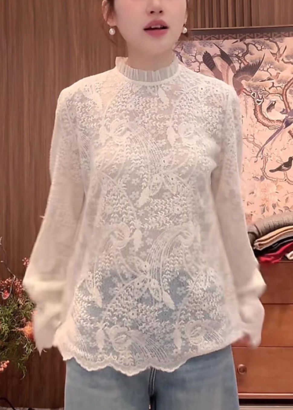 Flare Weiß Feine Ärmel Bestickter Kragen Shirts Stand Spitze