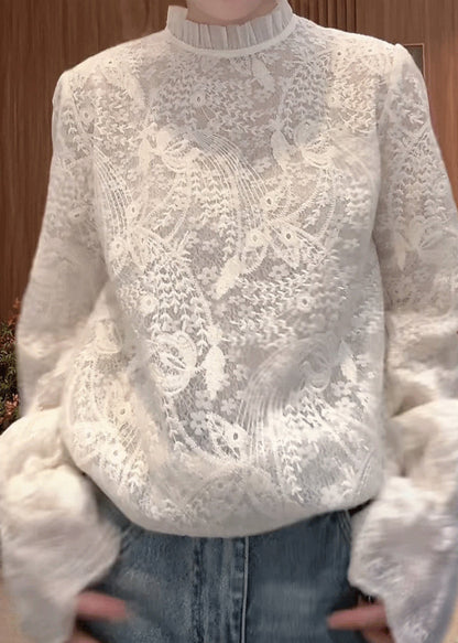 Flare Weiß Feine Ärmel Bestickter Kragen Shirts Stand Spitze