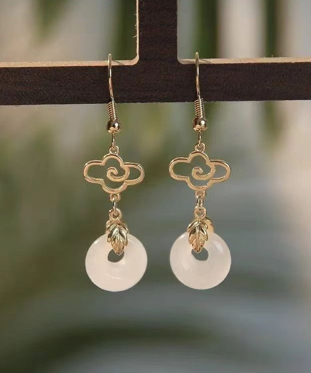 Fine White Sterling Silver Overgild Jade Ping Buckle Tassel Drop Earrings AC1073