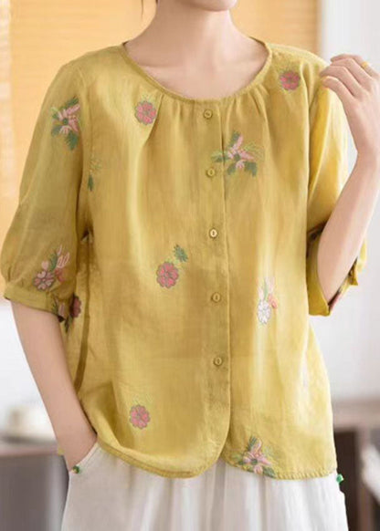 Embroidered Summer Tops Yellow Fine Linen O-Neck