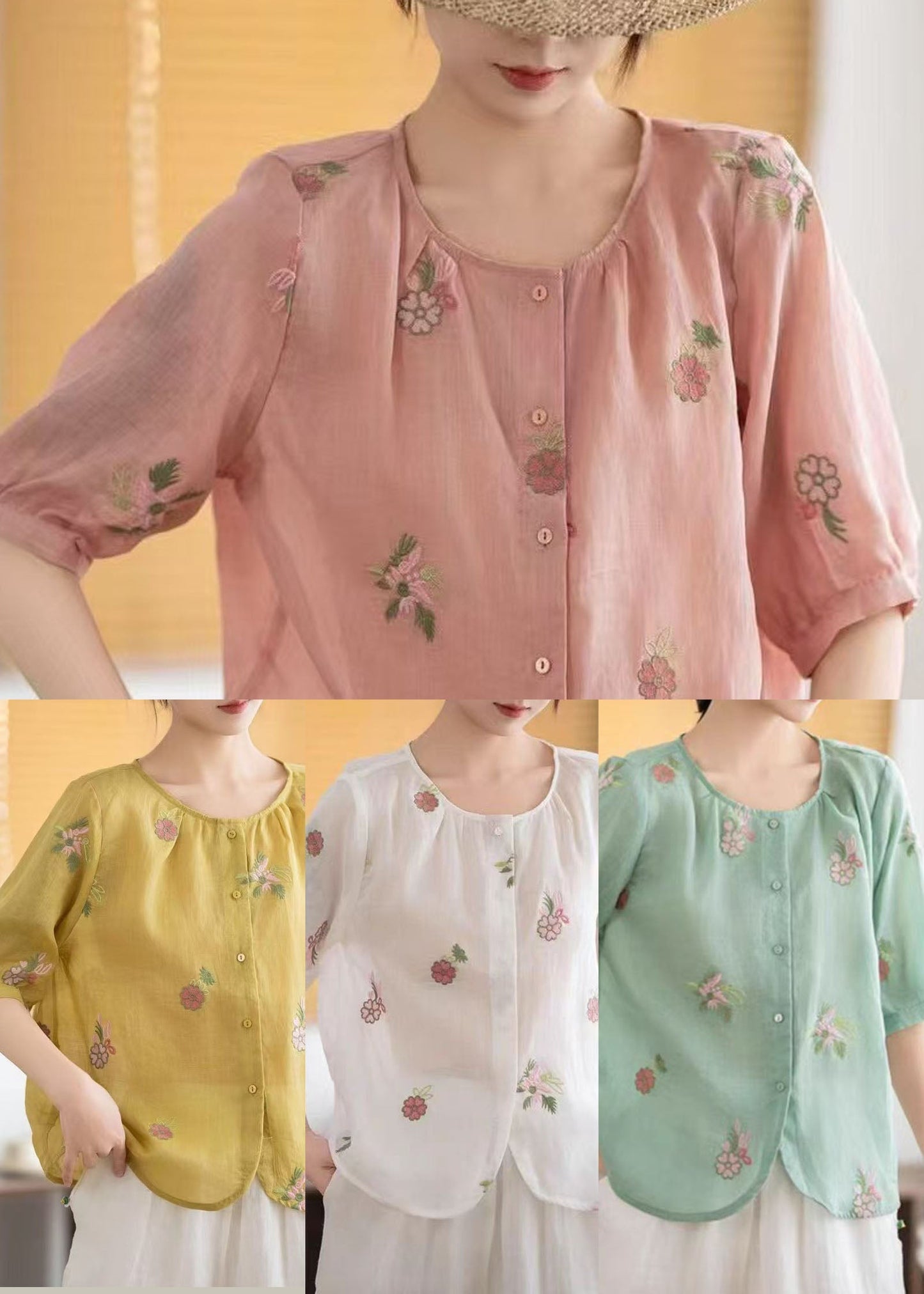 Embroidered Summer Tops Yellow Fine Linen O-Neck