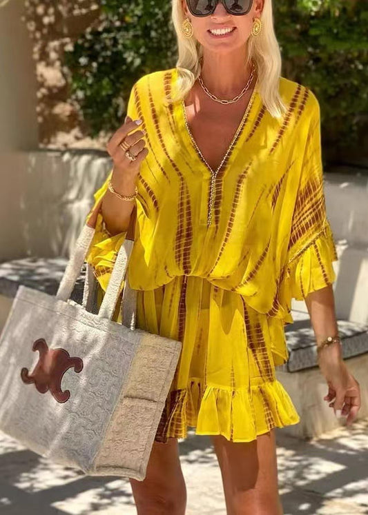 Robe de plage en mousseline de soie, manches chauve-souris, zircon, imprimé fin, jaune