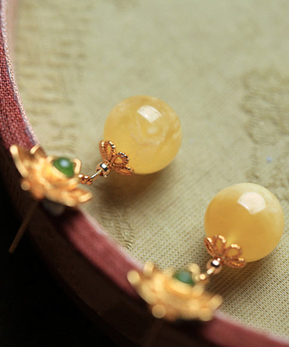 Fine Yellow Sterling Silver Overgild Beeswax Amber Crystal Floral Drop Earrings GH1025