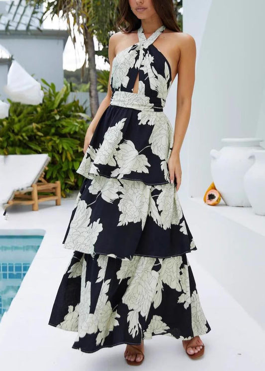 Robes dos nu noires ajustées vacances imprimé été