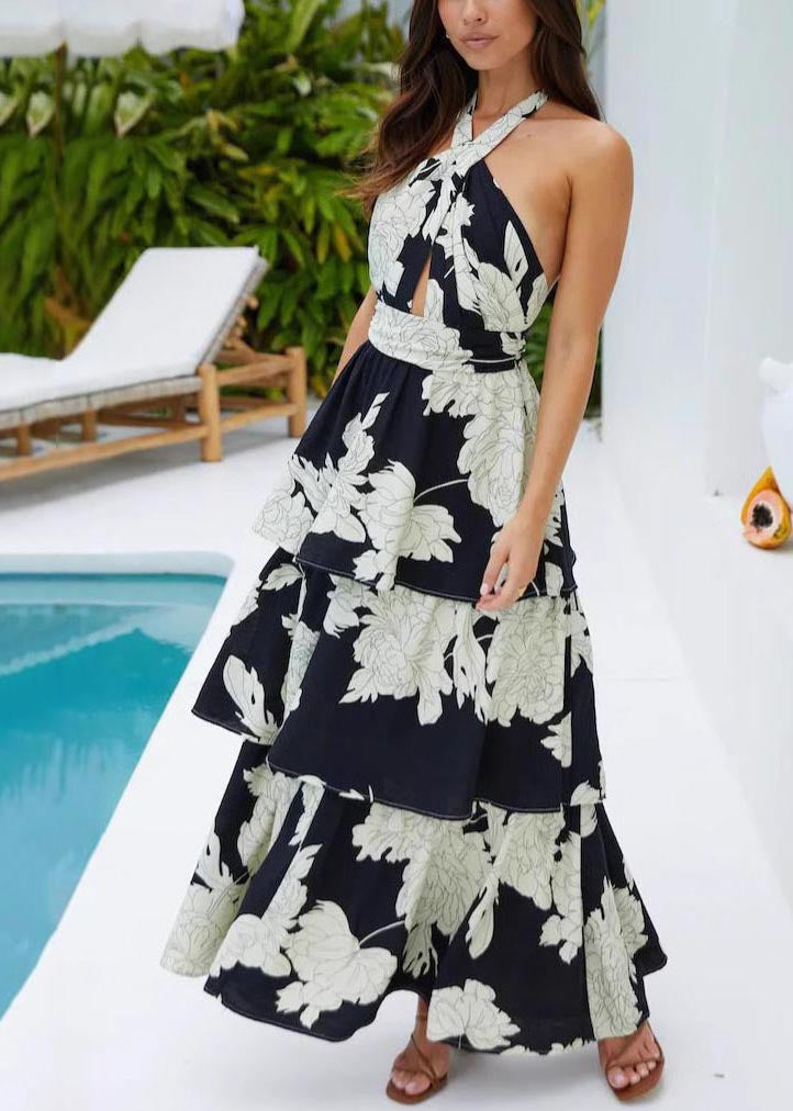 Robes dos nu noires ajustées vacances imprimé été
