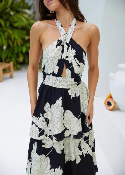 Robes dos nu noires ajustées vacances imprimé été