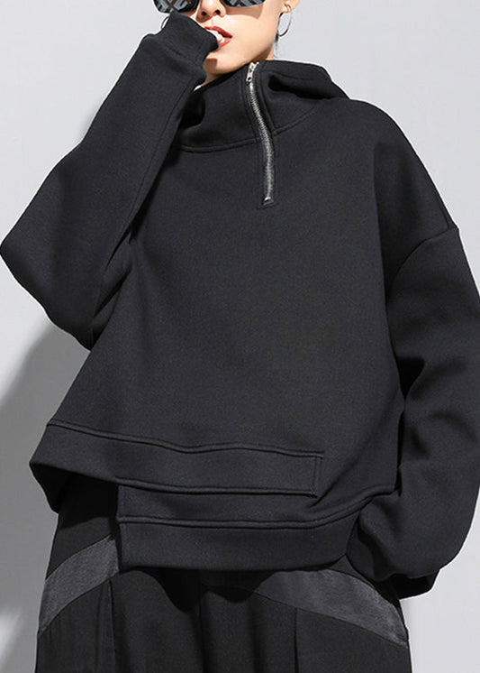 Tailliertes schwarzes Stehkragen-Patchwork-Taschen Warmes Fleece-Kapuzen-Sweatshirt Winter RZ006