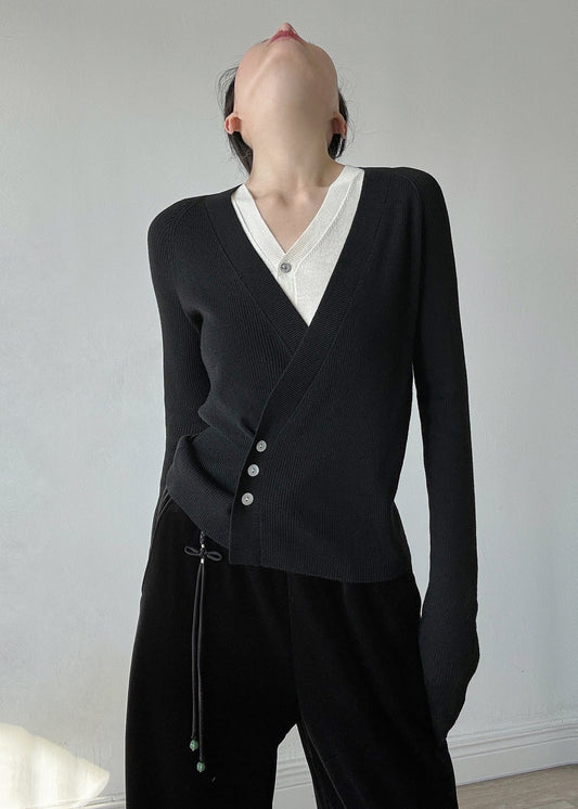 Ensemble deux pièces en tricot noir ajusté à col en V et design asymétrique, printemps TY027