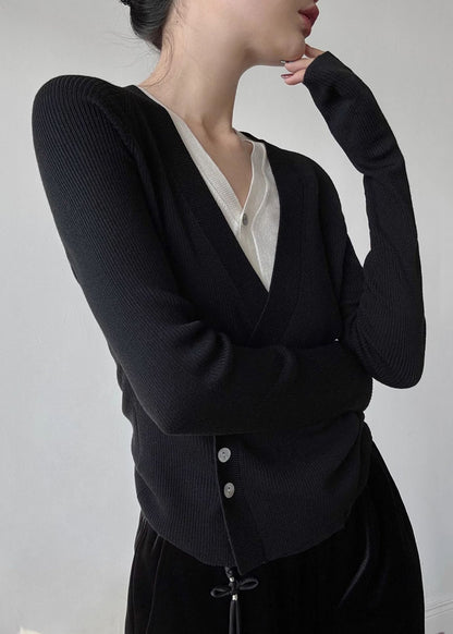 Ensemble deux pièces en tricot noir ajusté à col en V et design asymétrique, printemps TY027