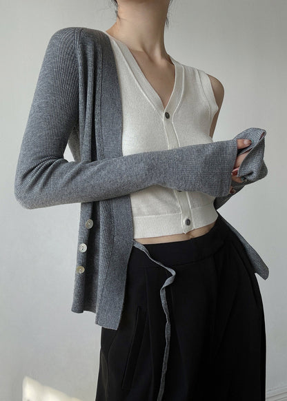 Ensemble deux pièces en tricot noir ajusté à col en V et design asymétrique, printemps TY027