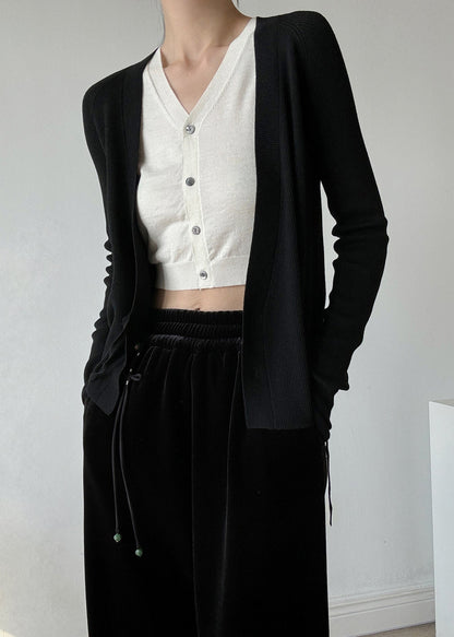 Ensemble deux pièces en tricot noir ajusté à col en V et design asymétrique, printemps TY027