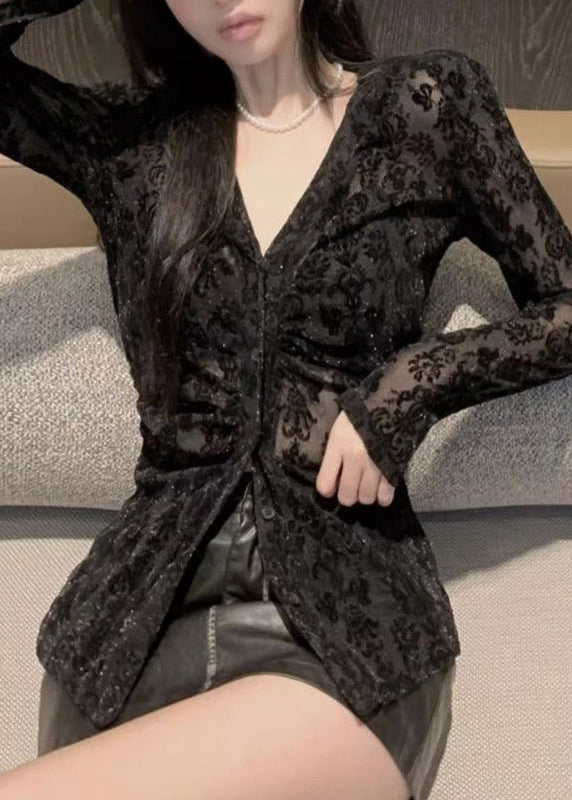 Beflocktes Top, tailliert, Frühling, V-Ausschnitt, schwarze Spitze