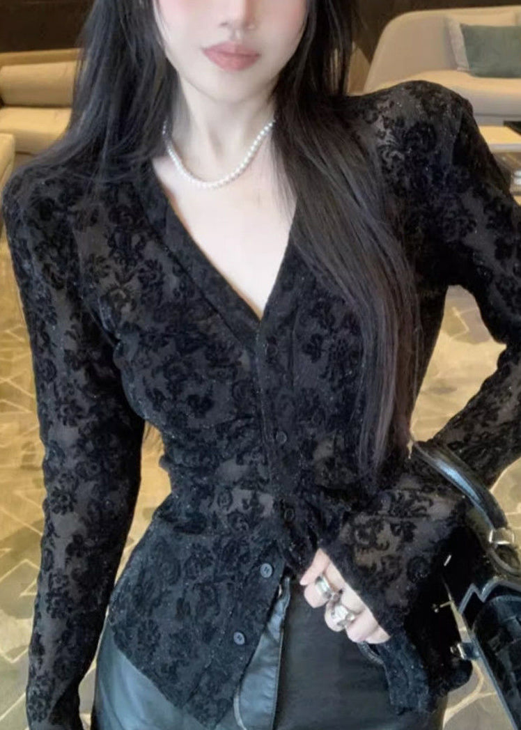 Beflocktes Top, tailliert, Frühling, V-Ausschnitt, schwarze Spitze