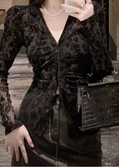 Beflocktes Top, tailliert, Frühling, V-Ausschnitt, schwarze Spitze