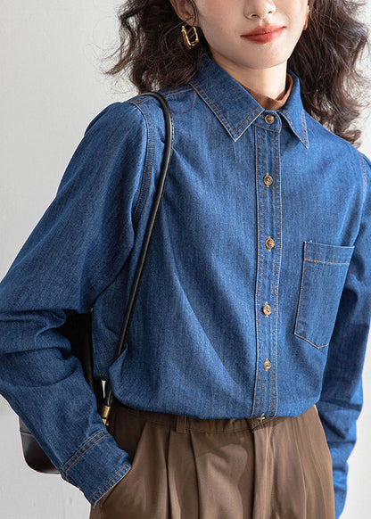 Fitted Blue Peter Pan Collar Button Denim Shirt Spring TH035