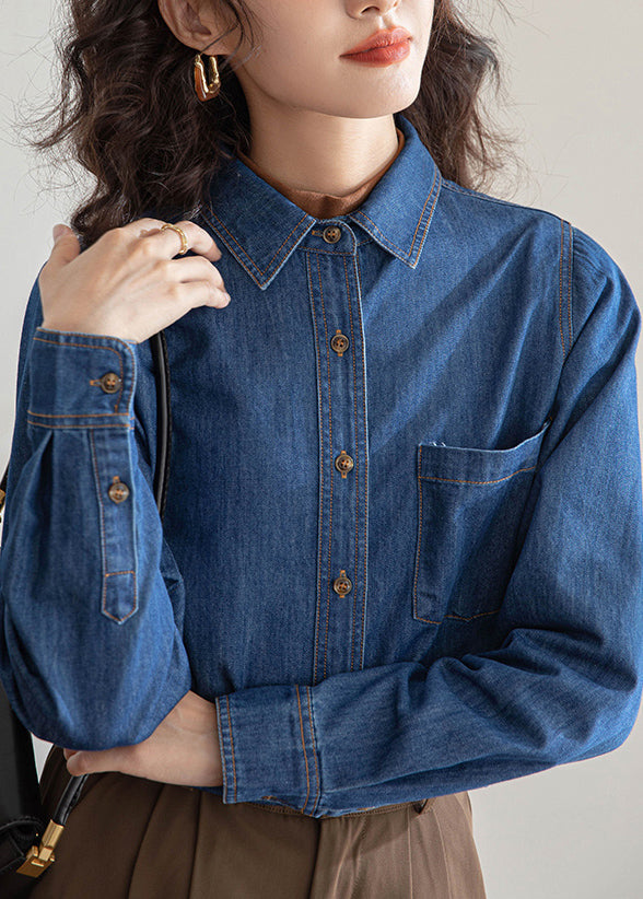 Fitted Blue Peter Pan Collar Button Denim Shirt Spring TH035