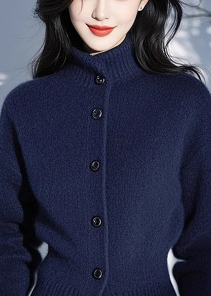 Cardigan ajusté en tricot de coton bleu à col montant et boutons, printemps TO039