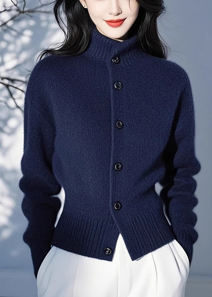 Cardigan ajusté en tricot de coton bleu à col montant et boutons, printemps TO039