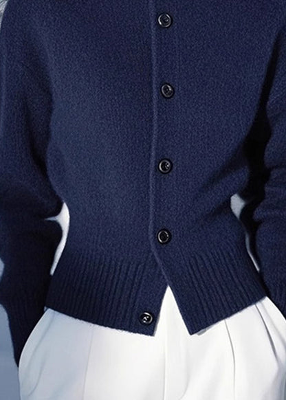 Cardigan ajusté en tricot de coton bleu à col montant et boutons, printemps TO039