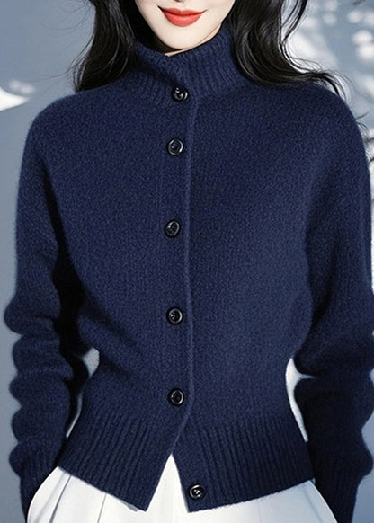 Cardigan ajusté en tricot de coton bleu à col montant et boutons, printemps TO039