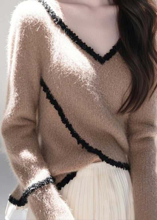 Taillierter Kaffee V-Ausschnitt Spitze Patchwork Strickpullover Frühling TO010