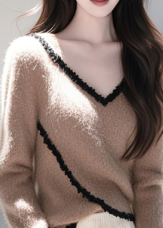 Taillierter Kaffee V-Ausschnitt Spitze Patchwork Strickpullover Frühling TO010