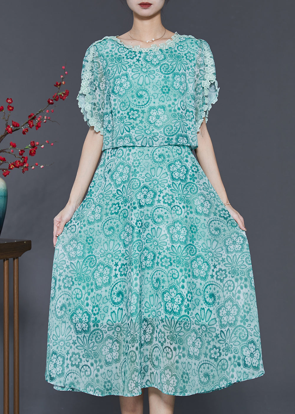 Fitted Green Print Patchwork Chiffon Dresses Summer SD1026