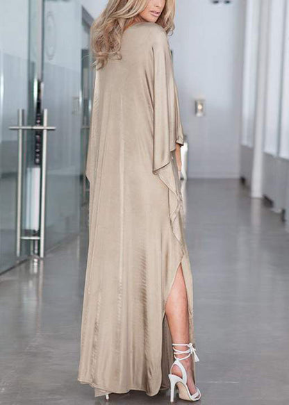 Kleid Seide Offen Urlaub Khaki Übergroße Taillierte Seite Fledermaus