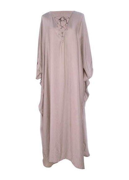 Kleid Seide Offen Urlaub Khaki Übergroße Taillierte Seite Fledermaus